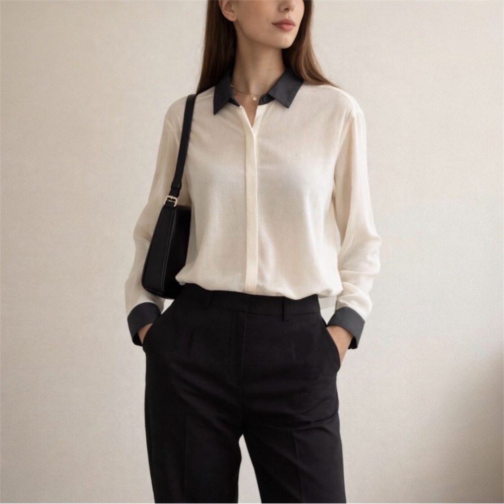 Axara Paris Semi-Sheer Blouse EU38 Ecru Charcoal Contrast Collar Business Casual